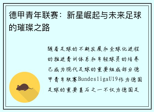 德甲青年联赛：新星崛起与未来足球的璀璨之路