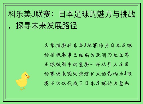 科乐美J联赛：日本足球的魅力与挑战，探寻未来发展路径