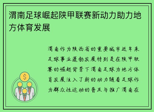 渭南足球崛起陕甲联赛新动力助力地方体育发展