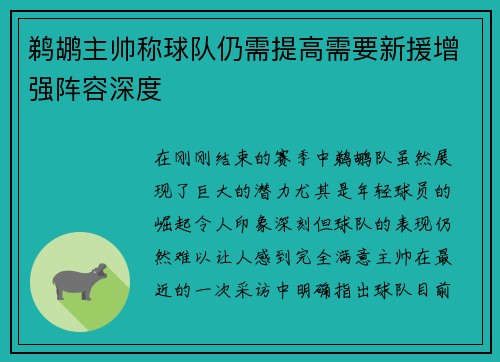 鹈鹕主帅称球队仍需提高需要新援增强阵容深度